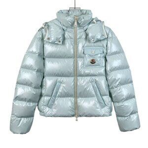 Moncler Womens Light Blue Down Puffer Jacket With Hood & Logo Patch